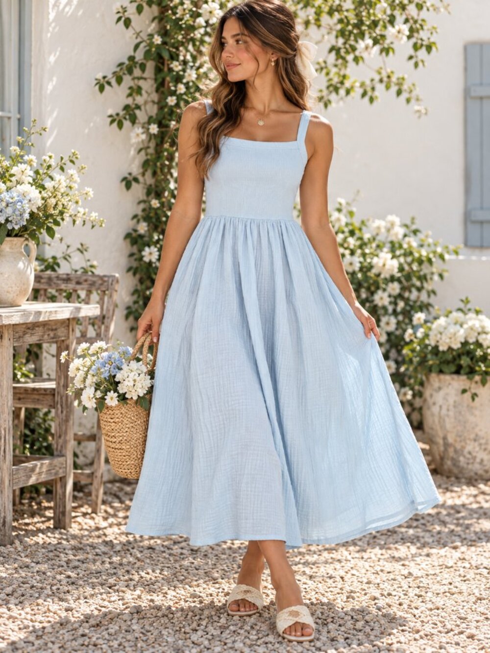 J.CREW Gauze Midi Dress Medium Petite Light Blue Pockets Cottagecore Bohemian